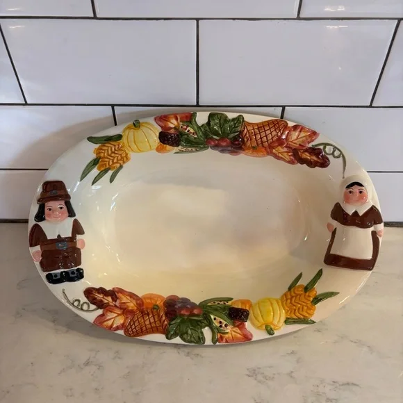 Publix The Pilgrim Pair Thanksgiving Serving Bowl Gravy Boat Platter Dish Plate - Picture 2 of 14